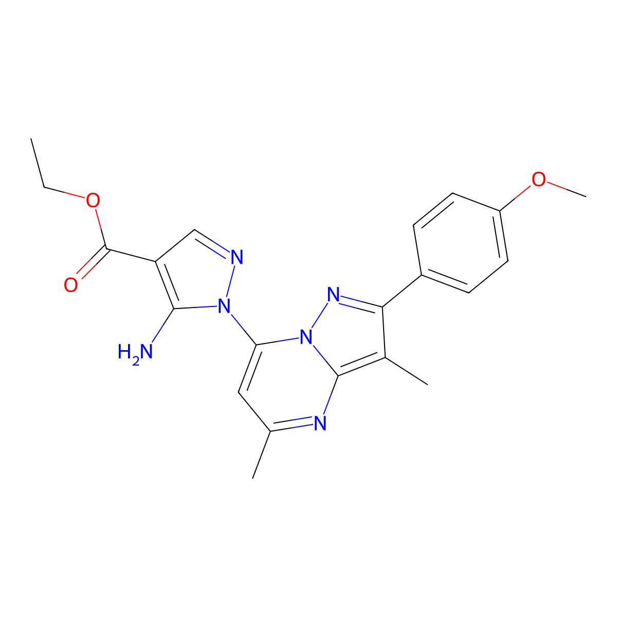 ethyl 5-amino-1-[2-(4-methoxyphenyl)-3,5-dimethylpyrazolo[1,5-a]pyrimidin-7-yl]-1H-pyrazole-4-carboxylate molecular structure, CAS 1202971-52-5