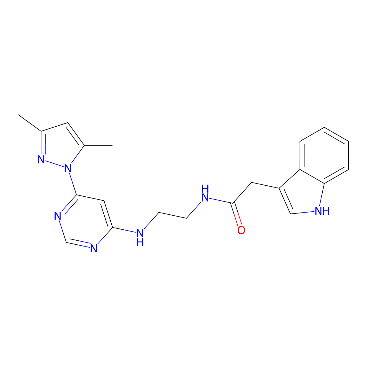 N-(2-{[6-(3,5-dimethyl-1H-pyrazol-1-yl)pyrimidin-4-yl]amino}ethyl)-2-(1H-indol-3-yl)acetamide molecular structure, CAS 1202972-38-0