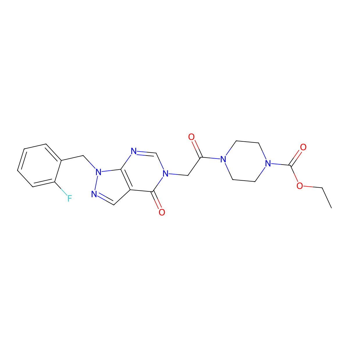 ethyl 4-(2-(1-(2-fluorobenzyl)-4-oxo-1H-pyrazolo[3,4-d]pyrimidin-5(4H)-yl)acetyl)piperazine-1-carboxylate molecular structure, CAS 1202972-40-4