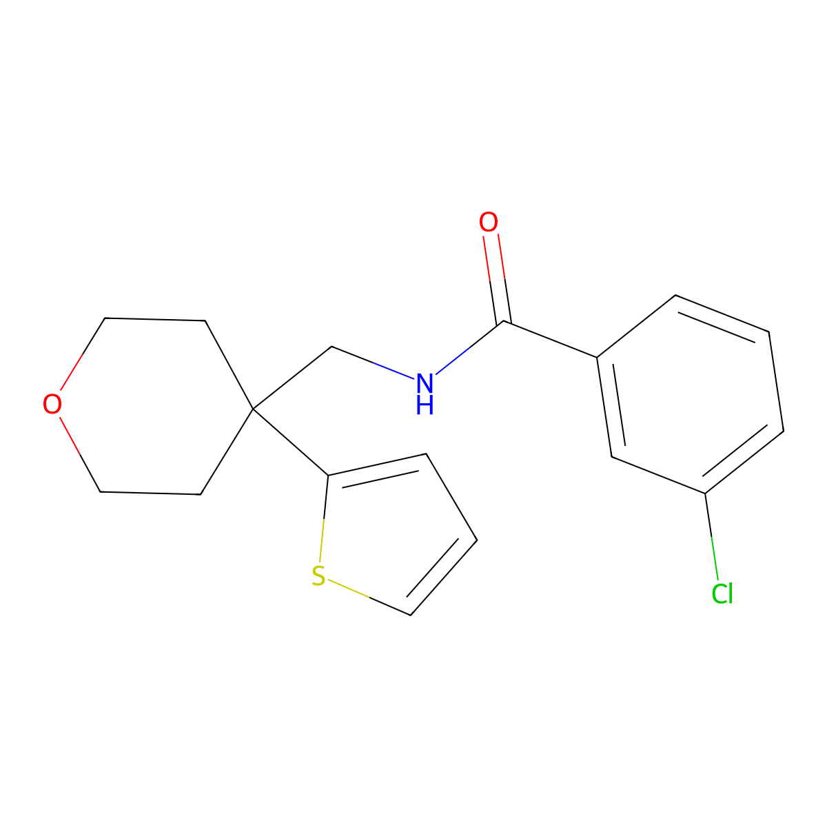3-chloro-N-((4-(thiophen-2-yl)tetrahydro-2H-pyran-4-yl)methyl)benzamide molecular structure, CAS 1202972-94-8