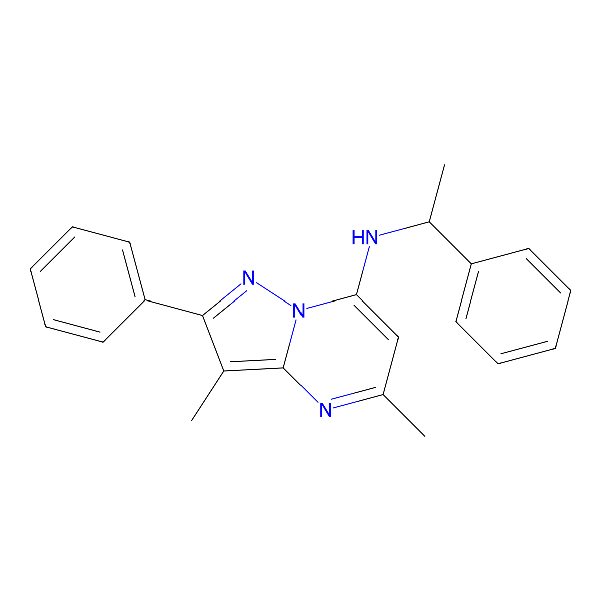 3,5-dimethyl-2-phenyl-N-(1-phenylethyl)pyrazolo[1,5-a]pyrimidin-7-amine molecular structure, CAS 1202976-19-9