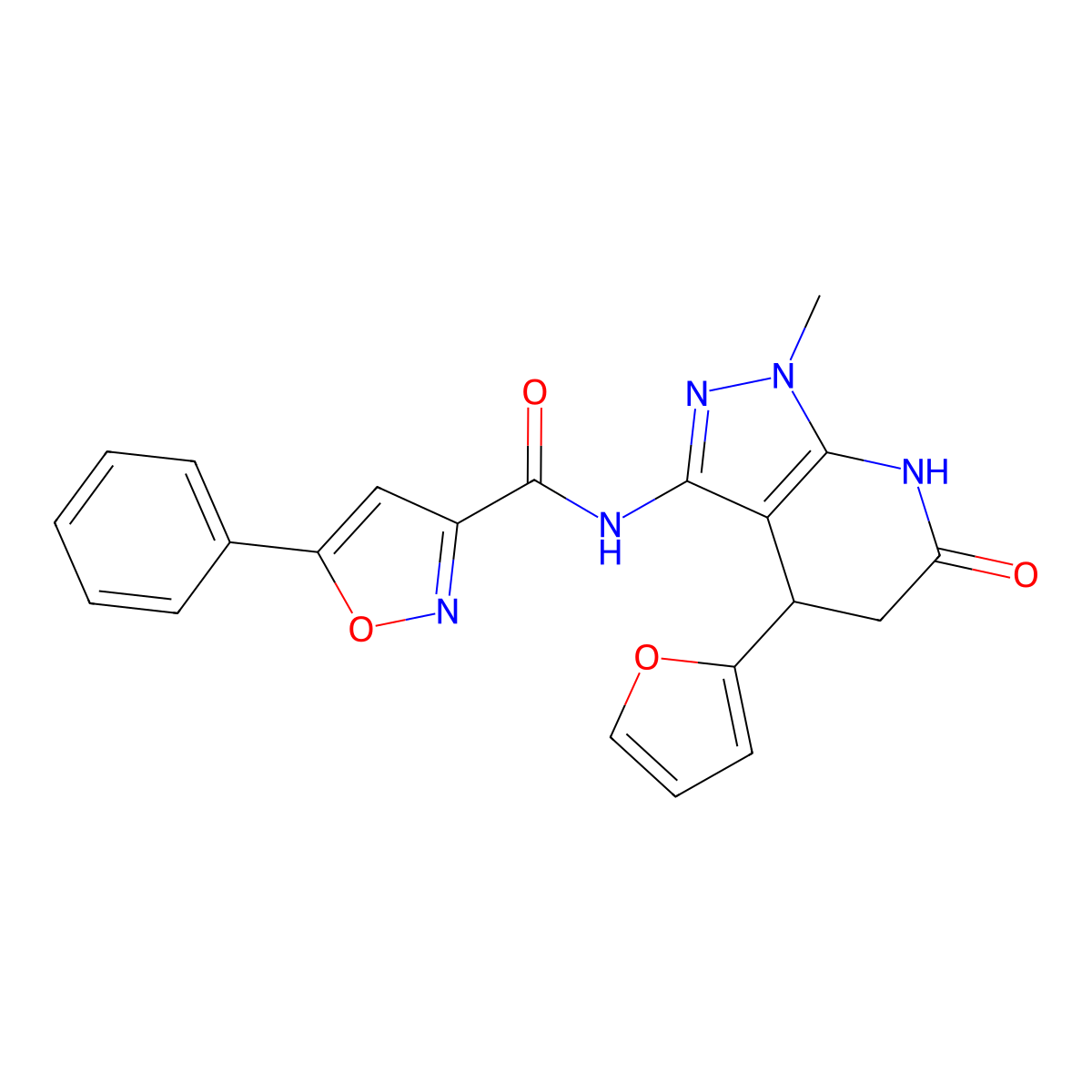 N-(4-(furan-2-yl)-1-methyl-6-oxo-4,5,6,7-tetrahydro-1H-pyrazolo[3,4-b]pyridin-3-yl)-5-phenylisoxazole-3-carboxamide molecular structure, CAS 1202976-59-7