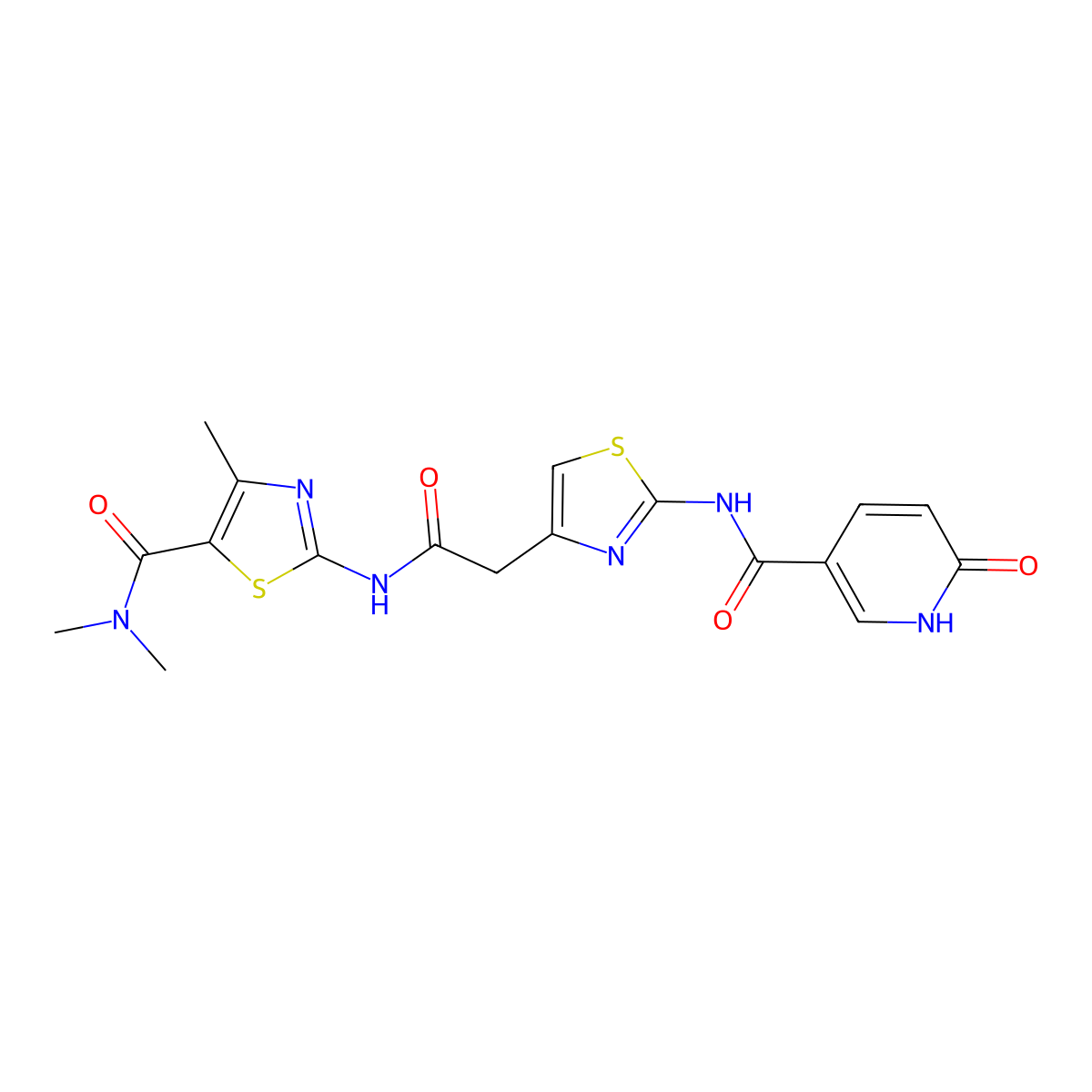 N,N,4-trimethyl-2-(2-(2-(6-oxo-1,6-dihydropyridine-3-carboxamido)thiazol-4-yl)acetamido)thiazole-5-carboxamide molecular structure, CAS 1202976-68-8