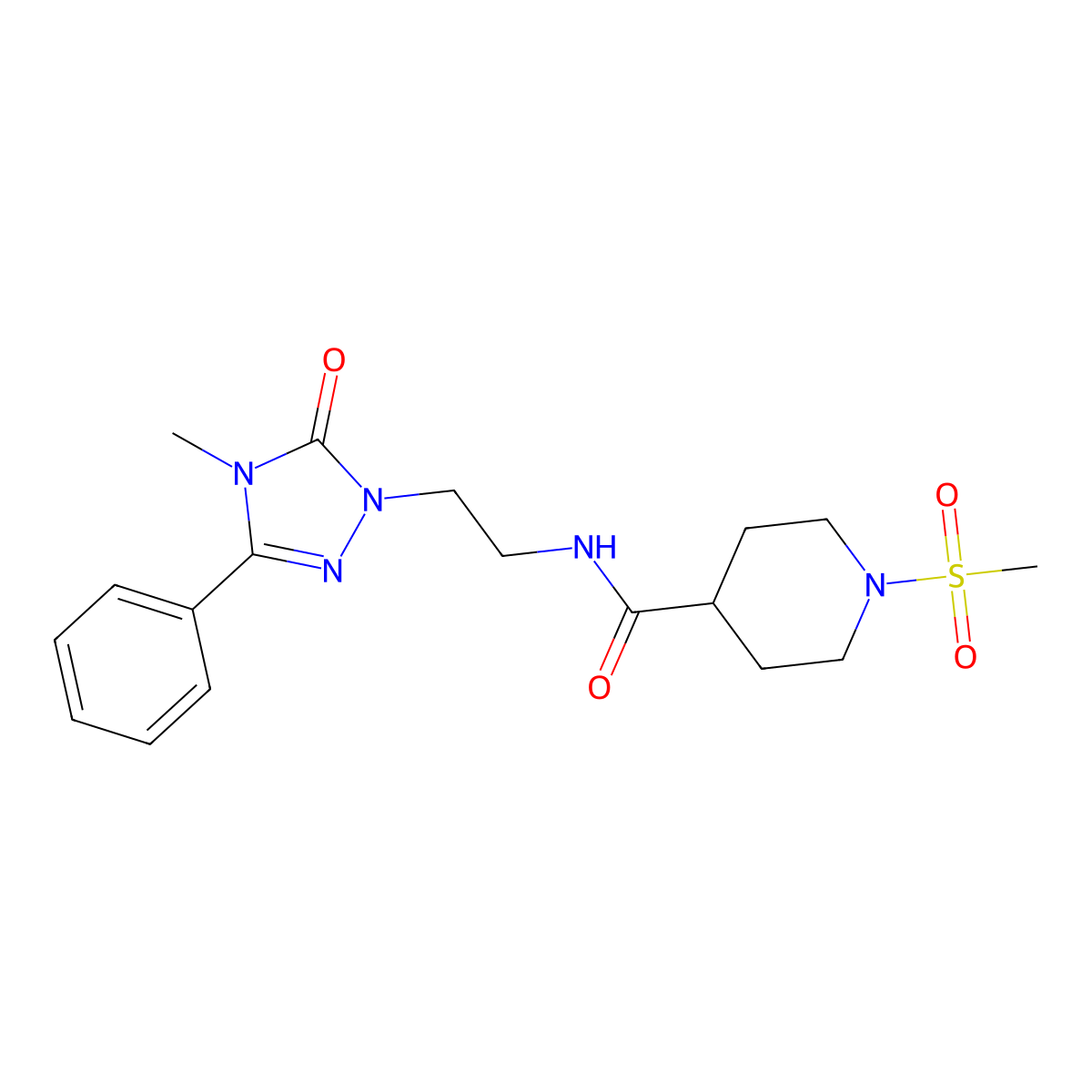 N-(2-(4-methyl-5-oxo-3-phenyl-4,5-dihydro-1H-1,2,4-triazol-1-yl)ethyl)-1-(methylsulfonyl)piperidine-4-carboxamide molecular structure, CAS 1202978-99-1