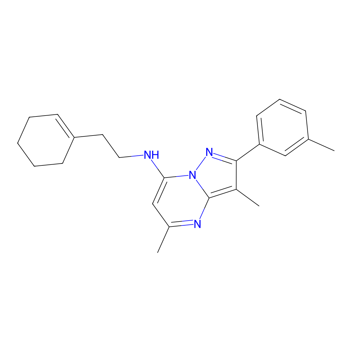 N-[2-(cyclohex-1-en-1-yl)ethyl]-3,5-dimethyl-2-(3-methylphenyl)pyrazolo[1,5-a]pyrimidin-7-amine molecular structure, CAS 1202980-09-3