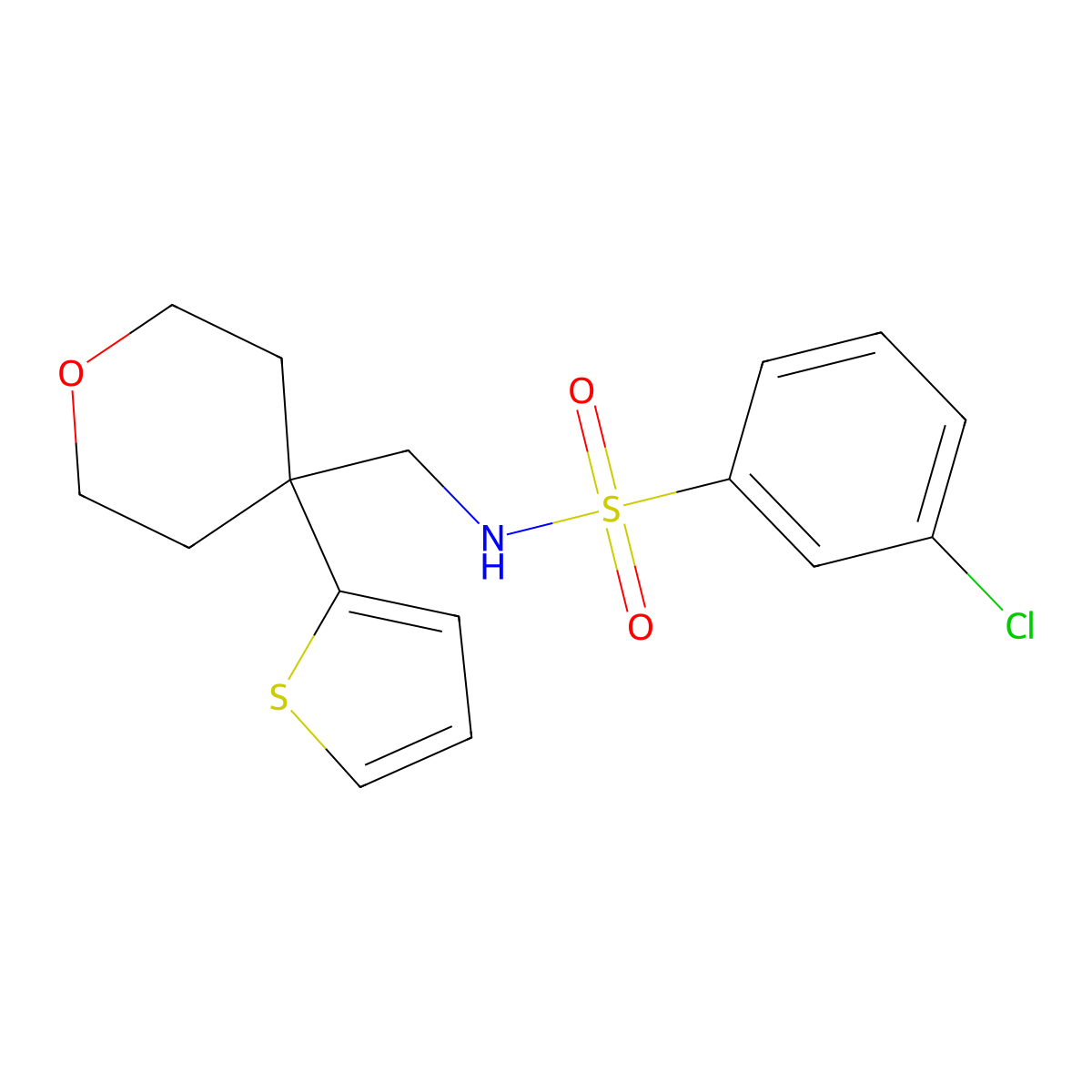 3-chloro-N-((4-(thiophen-2-yl)tetrahydro-2H-pyran-4-yl)methyl)benzenesulfonamide molecular structure, CAS 1202981-60-9