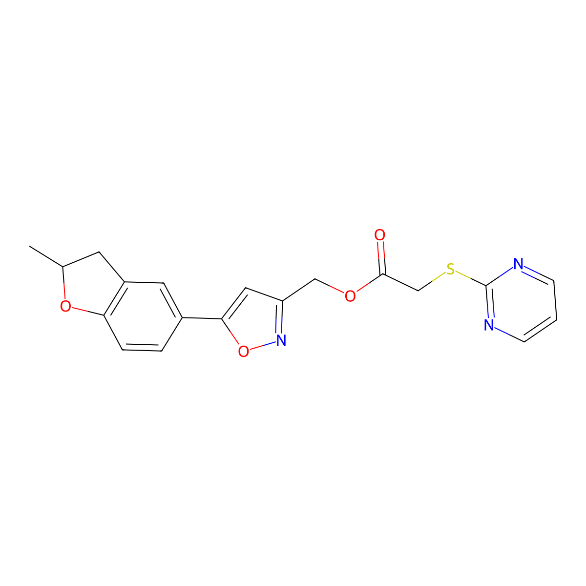 (5-(2-Methyl-2,3-dihydrobenzofuran-5-yl)isoxazol-3-yl)methyl 2-(pyrimidin-2-ylthio)acetate molecular structure, CAS 1202981-82-5