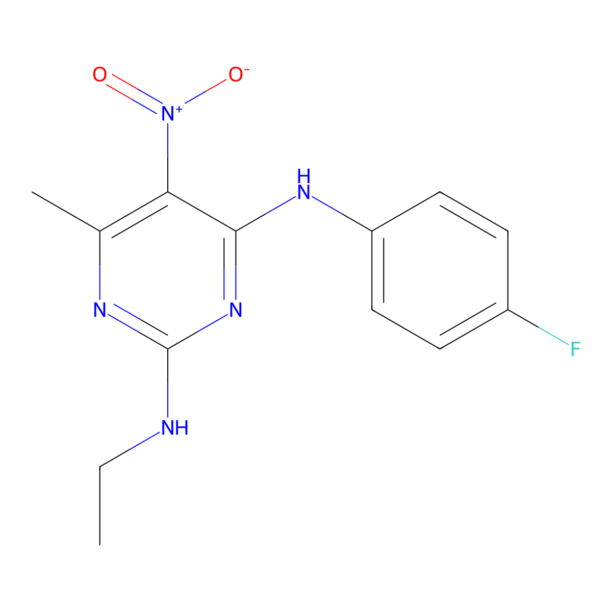 N2-ethyl-N4-(4-fluorophenyl)-6-methyl-5-nitropyrimidine-2,4-diamine molecular structure, CAS 1202983-00-3