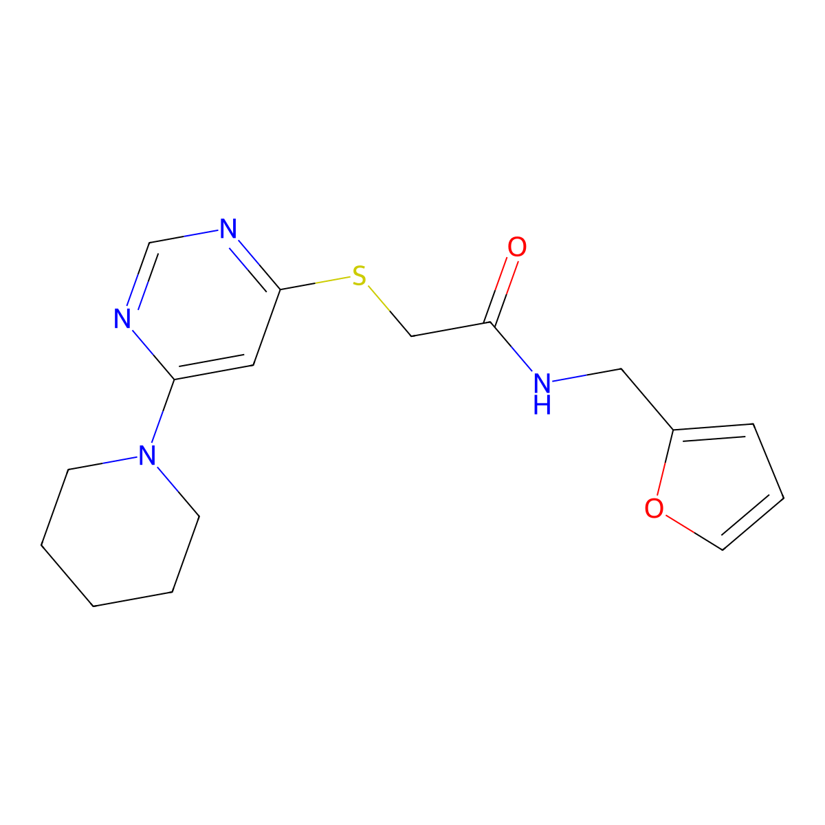 N-(furan-2-ylmethyl)-2-((6-(piperidin-1-yl)pyrimidin-4-yl)thio)acetamide molecular structure, CAS 1202984-52-8