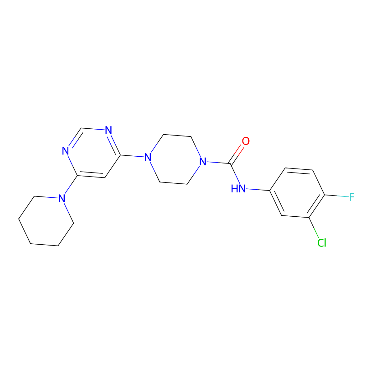 N-(3-chloro-4-fluorophenyl)-4-[6-(piperidin-1-yl)pyrimidin-4-yl]piperazine-1-carboxamide molecular structure, CAS 1202984-85-7