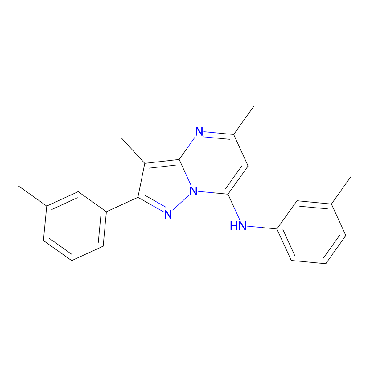 3,5-dimethyl-N,2-bis(3-methylphenyl)pyrazolo[1,5-a]pyrimidin-7-amine molecular structure, CAS 1202986-27-3