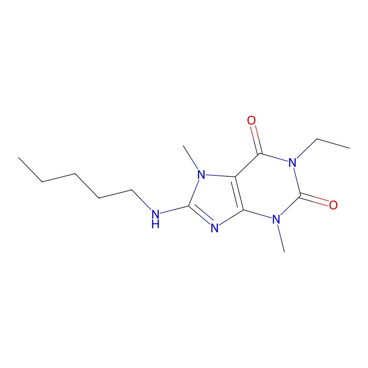 1-ethyl-3,7-dimethyl-8-(pentylamino)-1H-purine-2,6(3H,7H)-dione molecular structure, CAS 1202988-50-8