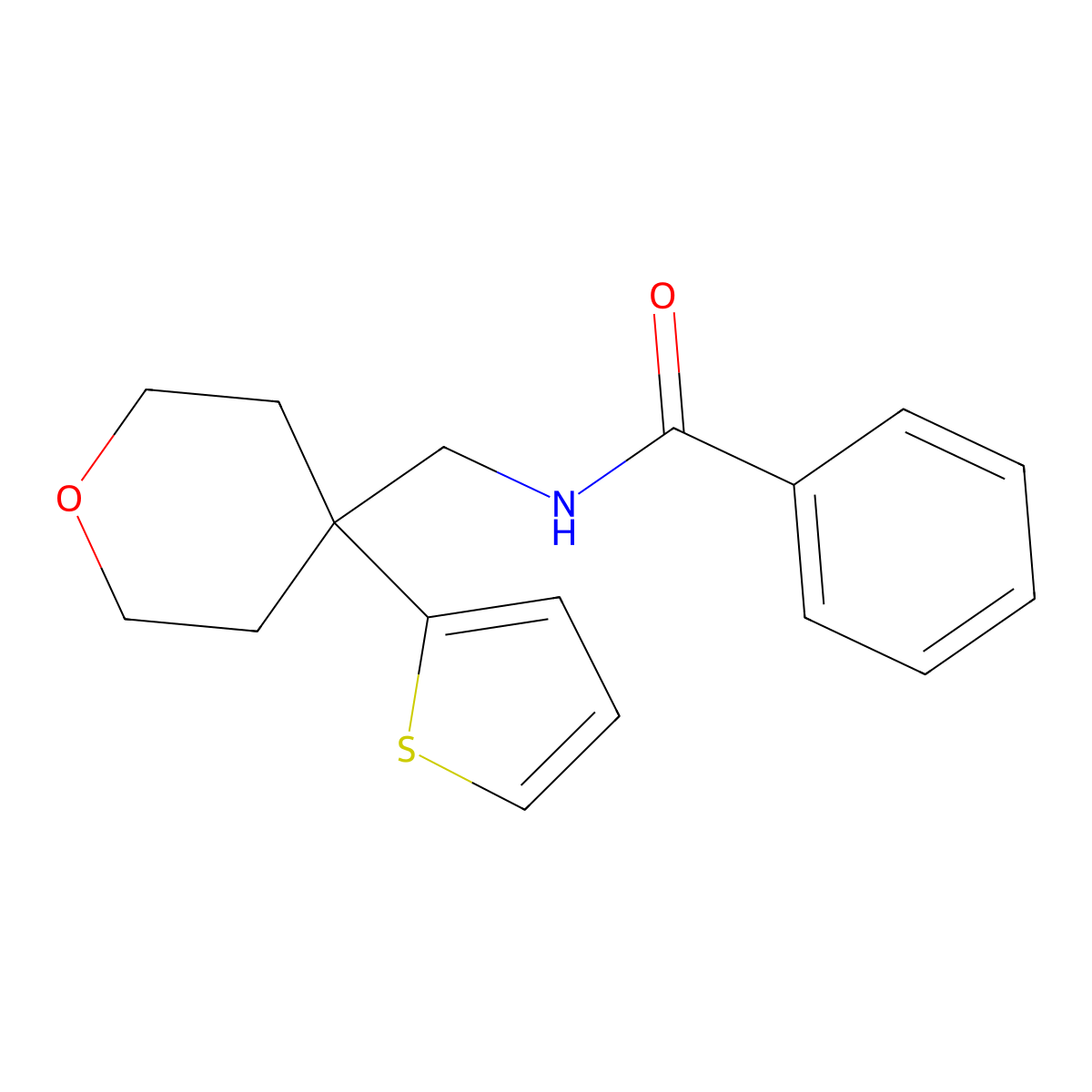 N-((4-(thiophen-2-yl)tetrahydro-2H-pyran-4-yl)methyl)benzamide molecular structure, CAS 1202990-48-4