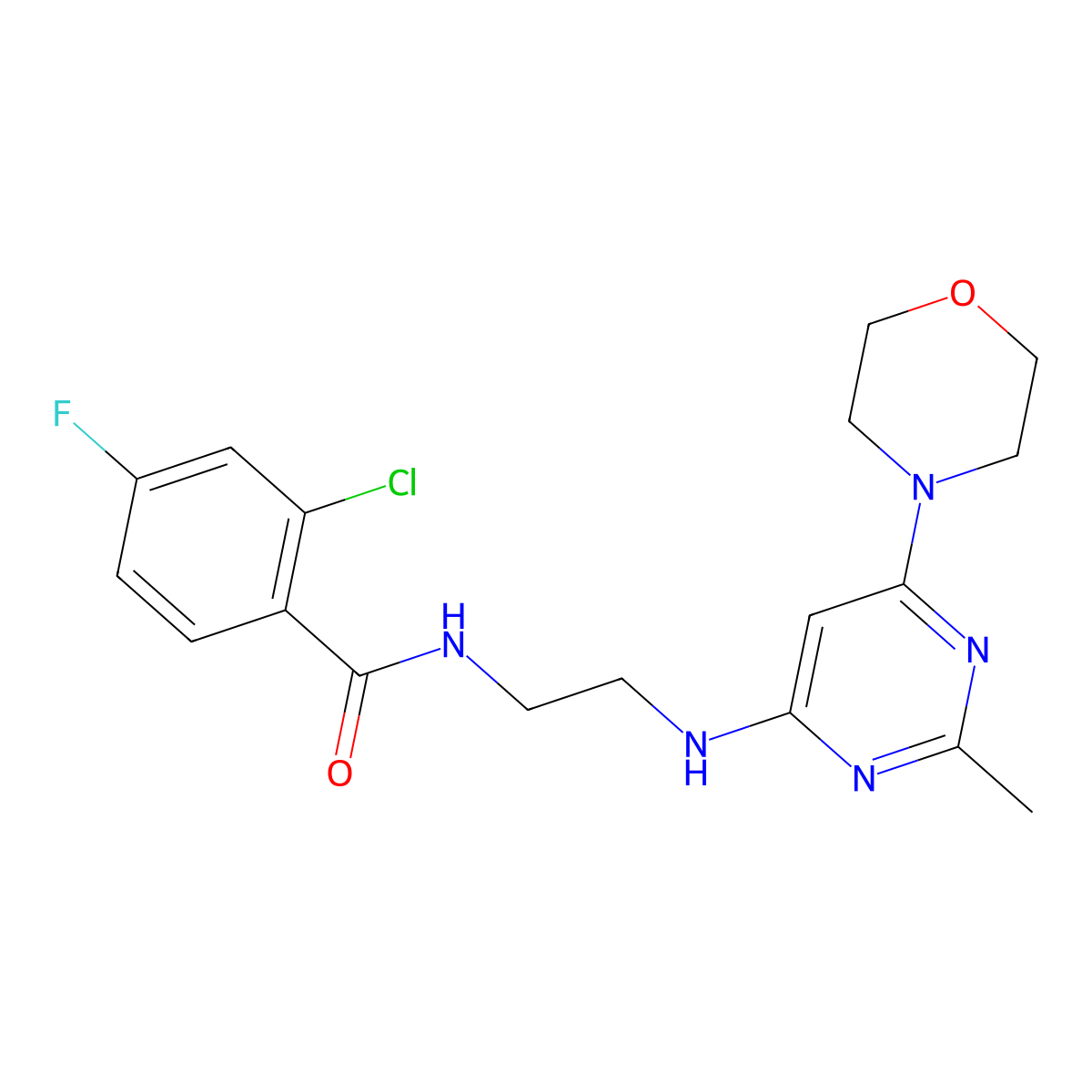 2-chloro-4-fluoro-N-(2-((2-methyl-6-morpholinopyrimidin-4-yl)amino)ethyl)benzamide molecular structure, CAS 1202990-60-0