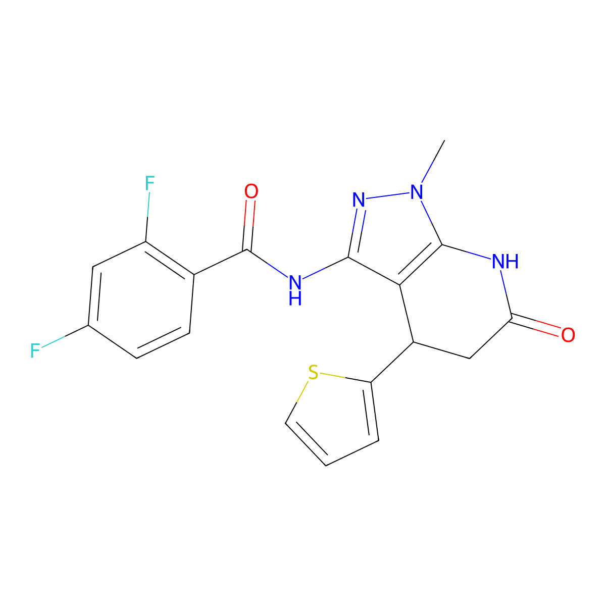 2,4-difluoro-N-(1-methyl-6-oxo-4-(thiophen-2-yl)-4,5,6,7-tetrahydro-1H-pyrazolo[3,4-b]pyridin-3-yl)benzamide molecular structure, CAS 1202992-67-3