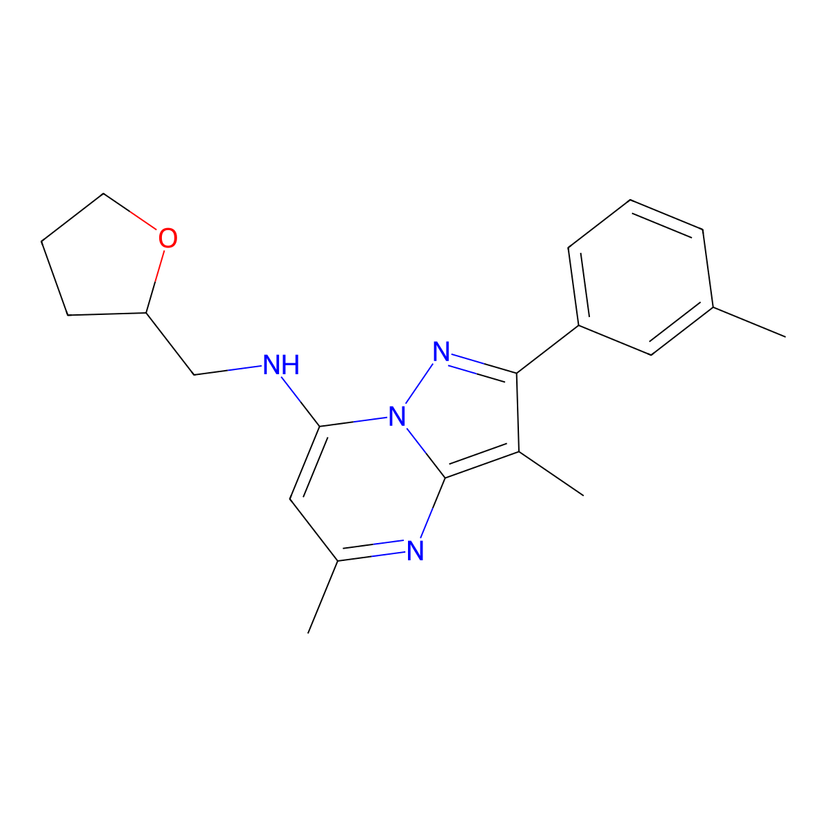 3,5-dimethyl-2-(3-methylphenyl)-N-(tetrahydrofuran-2-ylmethyl)pyrazolo[1,5-a]pyrimidin-7-amine molecular structure, CAS 1202993-32-5