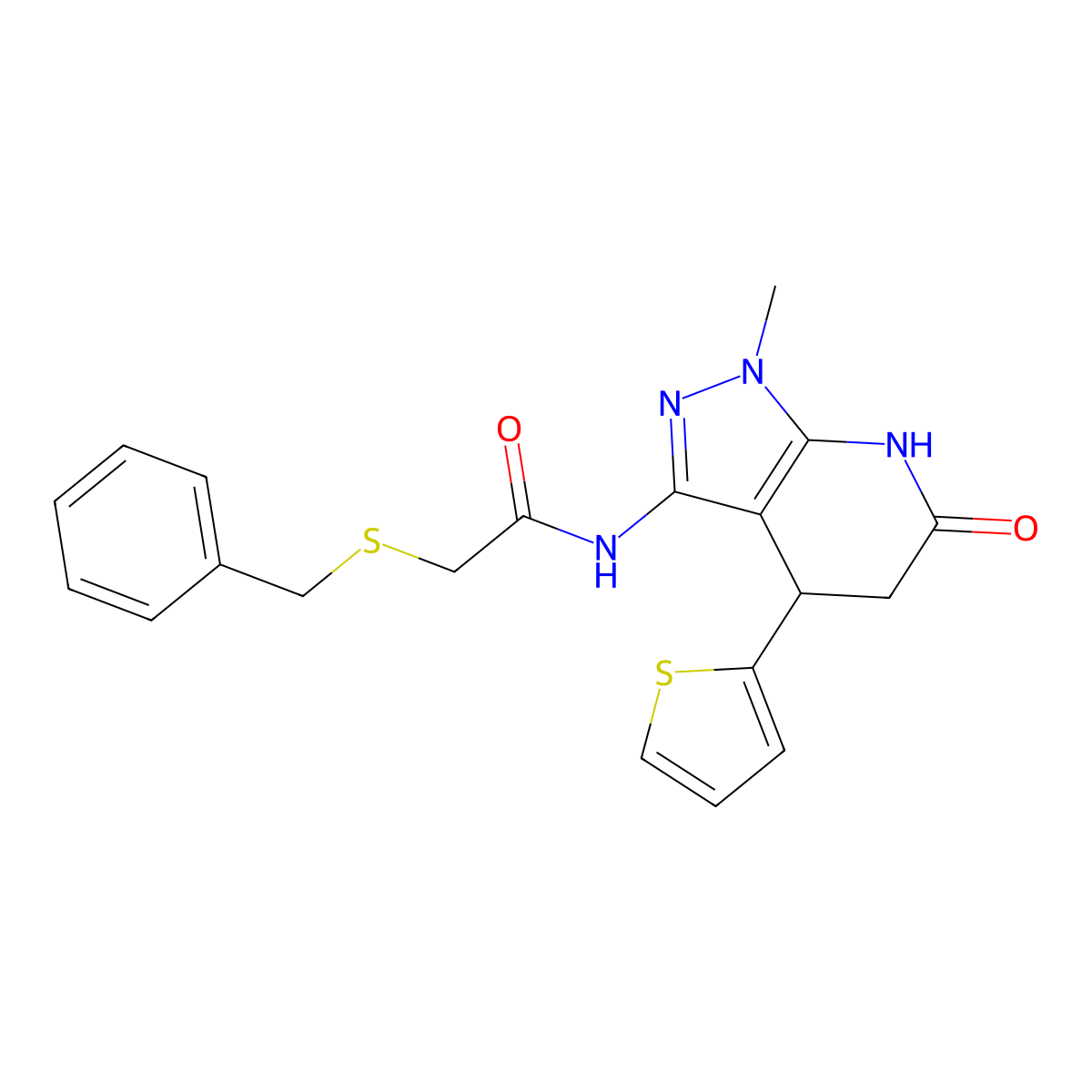 2-(benzylthio)-N-(1-methyl-6-oxo-4-(thiophen-2-yl)-4,5,6,7-tetrahydro-1H-pyrazolo[3,4-b]pyridin-3-yl)acetamide molecular structure, CAS 1202994-49-7