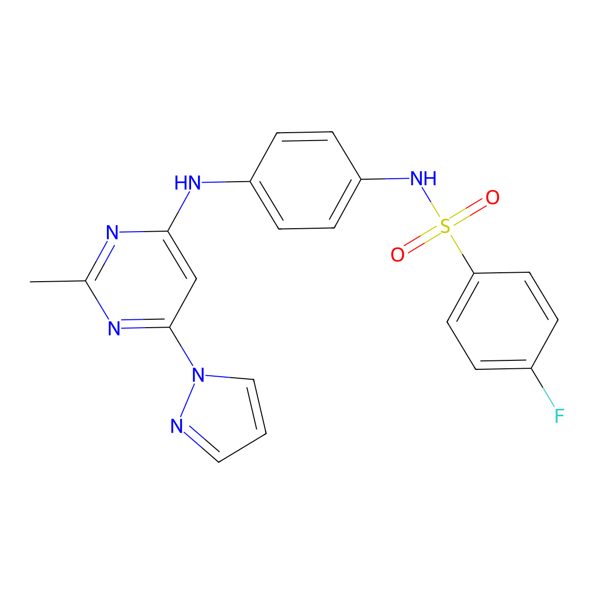 4-fluoro-N-(4-((2-methyl-6-(1H-pyrazol-1-yl)pyrimidin-4-yl)amino)phenyl)benzenesulfonamide molecular structure, CAS 1202994-64-6