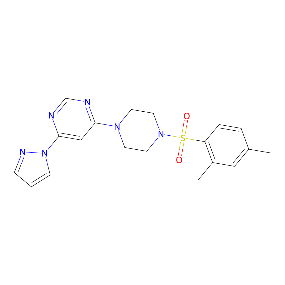 4-(4-((2,4-dimethylphenyl)sulfonyl)piperazin-1-yl)-6-(1H-pyrazol-1-yl)pyrimidine molecular structure, CAS 1202995-53-6