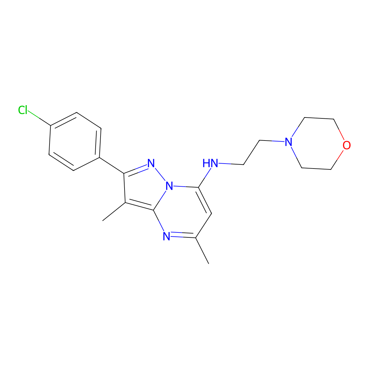 2-(4-chlorophenyl)-3,5-dimethyl-N-[2-(morpholin-4-yl)ethyl]pyrazolo[1,5-a]pyrimidin-7-amine molecular structure, CAS 1202995-71-8