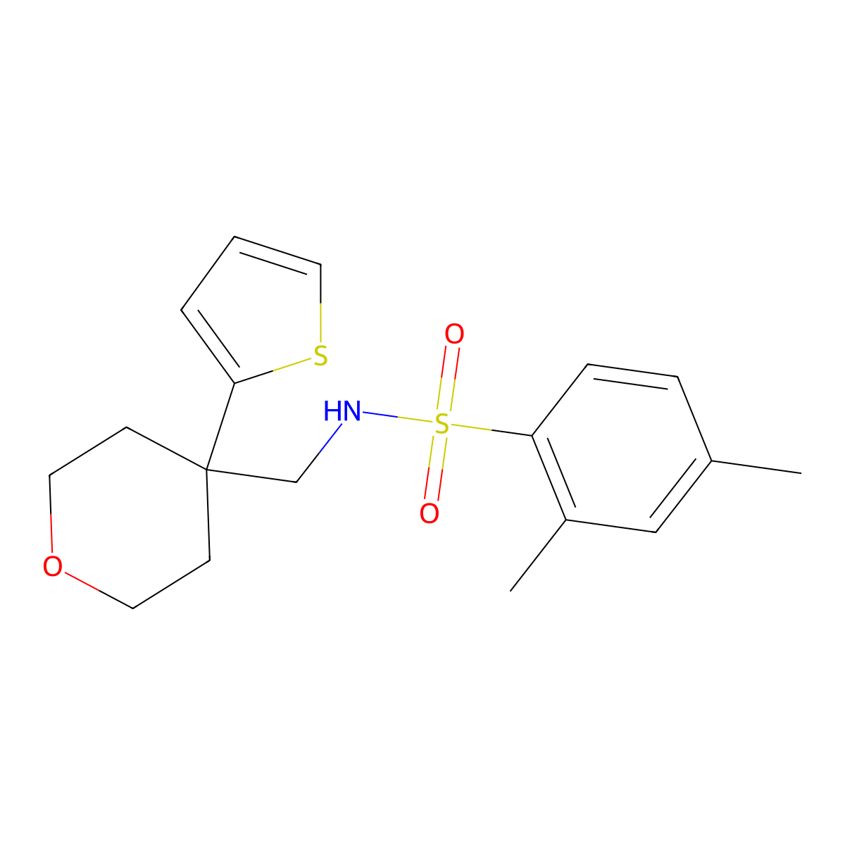 2,4-dimethyl-N-((4-(thiophen-2-yl)tetrahydro-2H-pyran-4-yl)methyl)benzenesulfonamide molecular structure, CAS 1202997-36-1