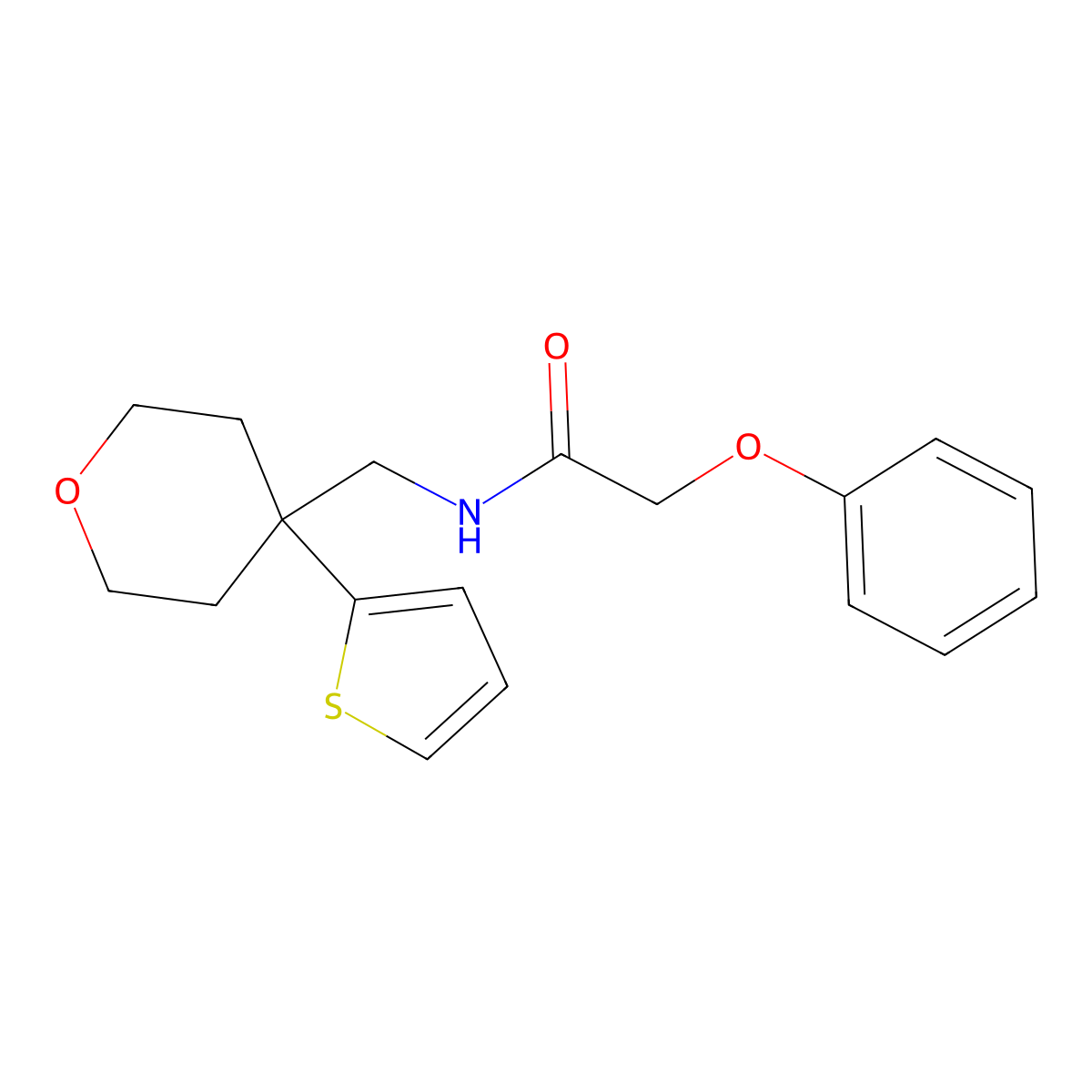 2-phenoxy-N-((4-(thiophen-2-yl)tetrahydro-2H-pyran-4-yl)methyl)acetamide molecular structure, CAS 1202998-21-7