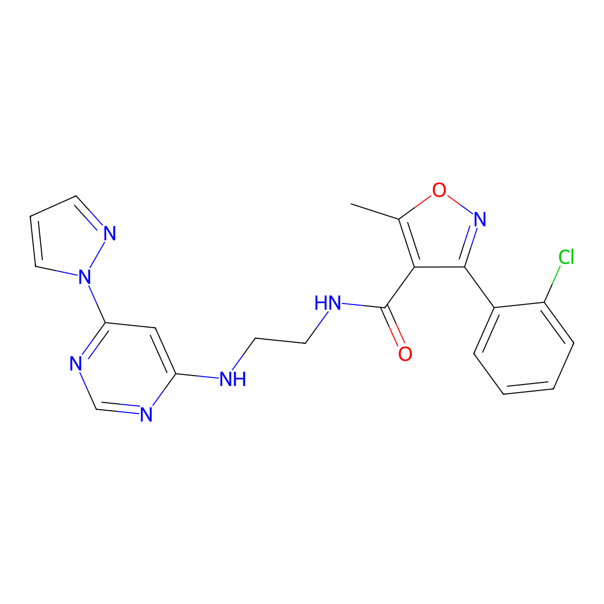 N-(2-((6-(1H-pyrazol-1-yl)pyrimidin-4-yl)amino)ethyl)-3-(2-chlorophenyl)-5-methylisoxazole-4-carboxamide molecular structure, CAS 1202998-92-2