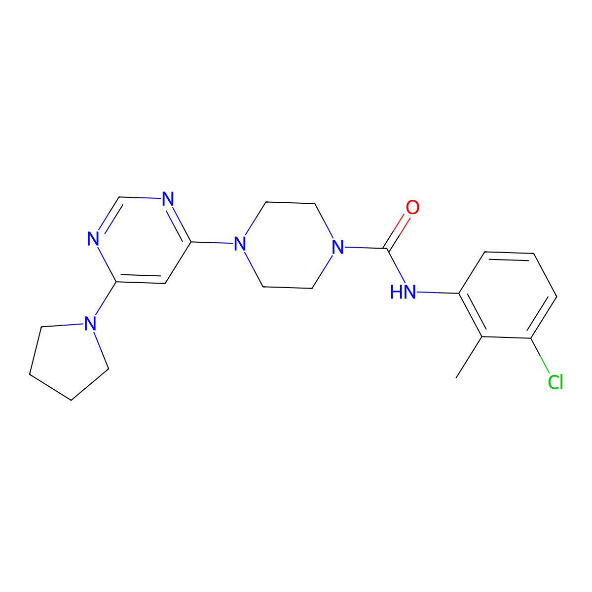 N-(3-chloro-2-methylphenyl)-4-(6-(pyrrolidin-1-yl)pyrimidin-4-yl)piperazine-1-carboxamide molecular structure, CAS 1202999-44-7