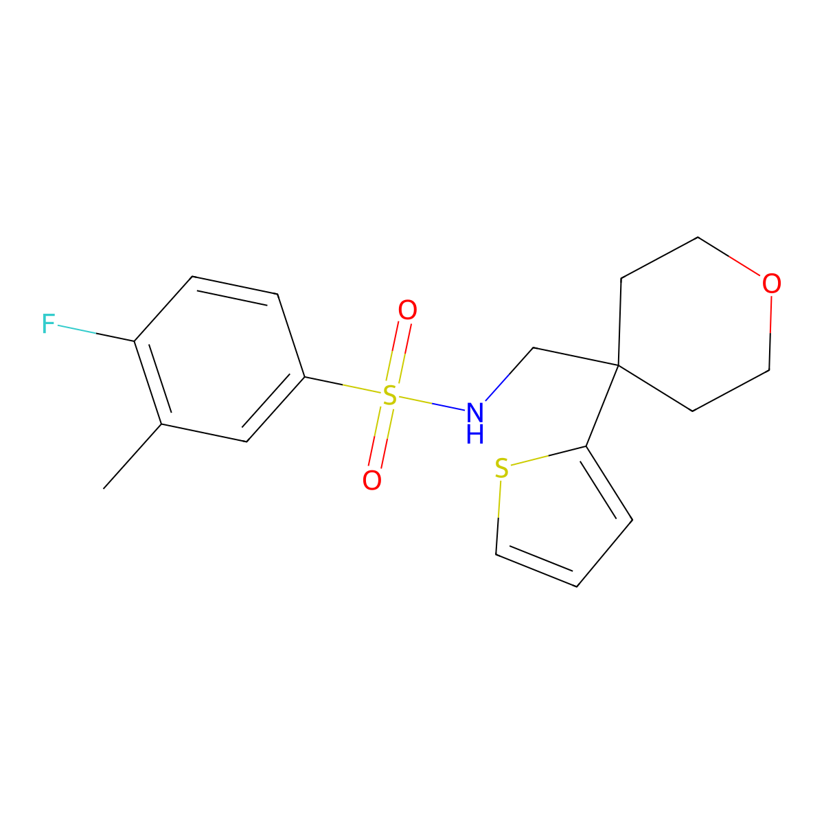 4-fluoro-3-methyl-N-((4-(thiophen-2-yl)tetrahydro-2H-pyran-4-yl)methyl)benzenesulfonamide molecular structure, CAS 1203000-09-2