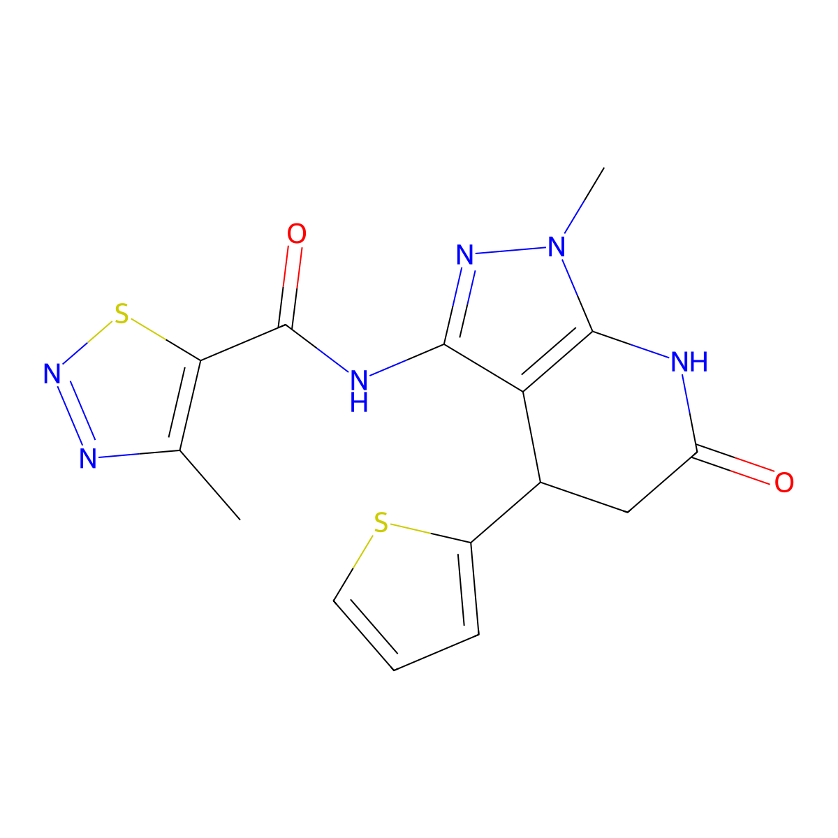 4-methyl-N-(1-methyl-6-oxo-4-(thiophen-2-yl)-4,5,6,7-tetrahydro-1H-pyrazolo[3,4-b]pyridin-3-yl)-1,2,3-thiadiazole-5-carboxamide molecular structure, CAS 1203000-70-7