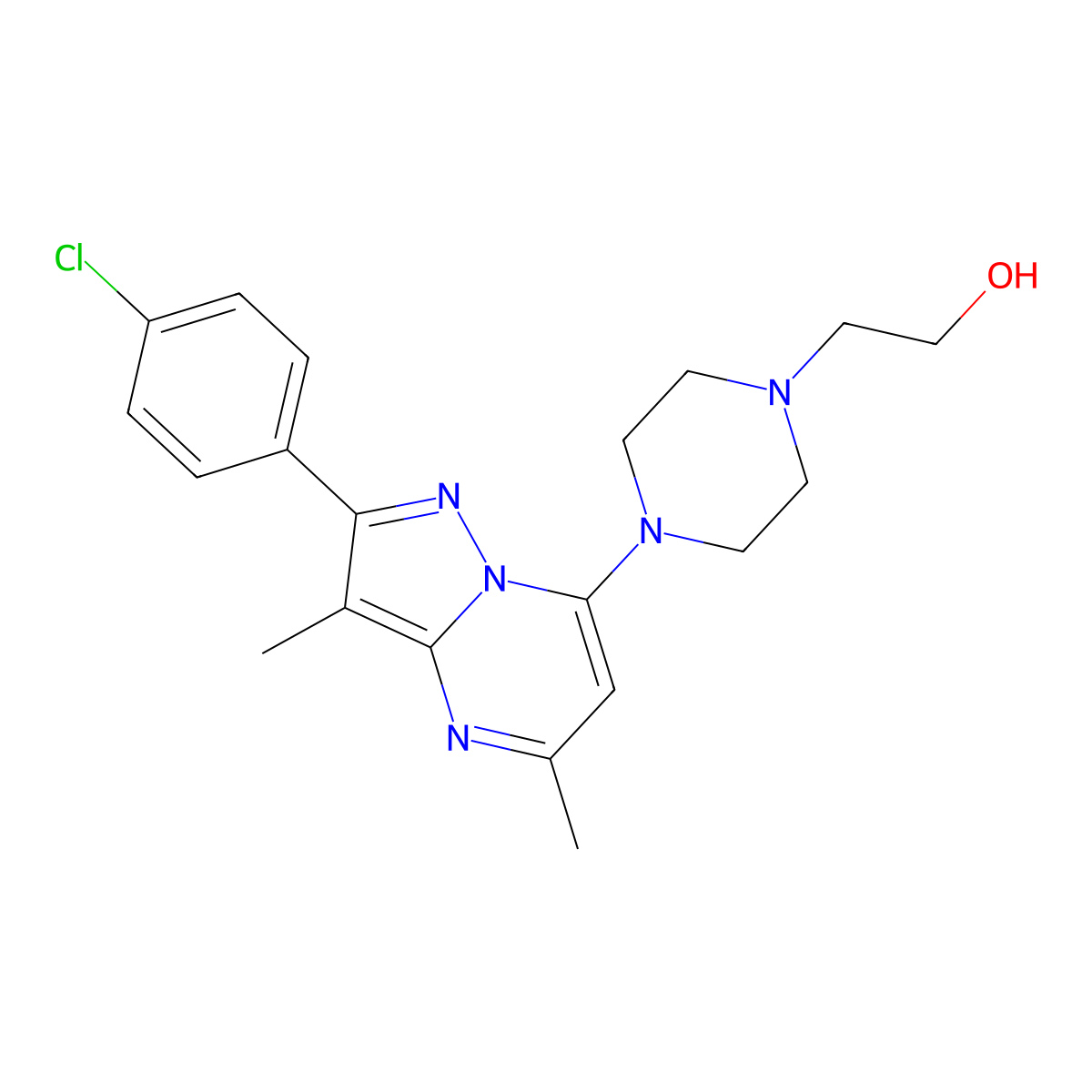 2-{4-[2-(4-Chlorophenyl)-3,5-dimethylpyrazolo[1,5-a]pyrimidin-7-yl]piperazin-1-yl}ethanol molecular structure, CAS 1203000-82-1