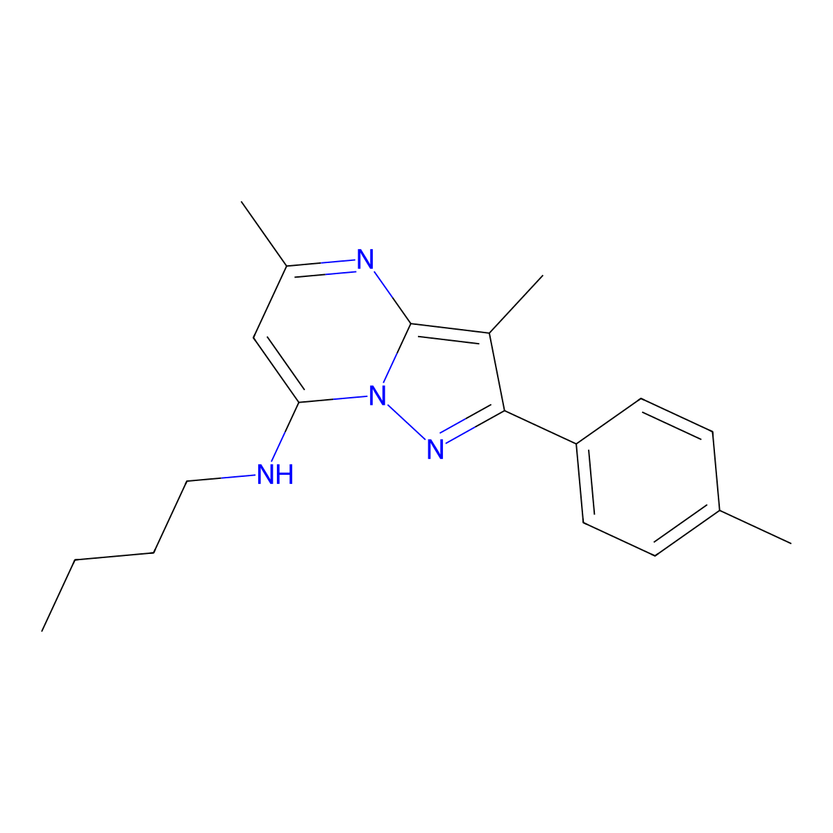N-butyl-3,5-dimethyl-2-(4-methylphenyl)pyrazolo[1,5-a]pyrimidin-7-amine molecular structure, CAS 1203002-29-2