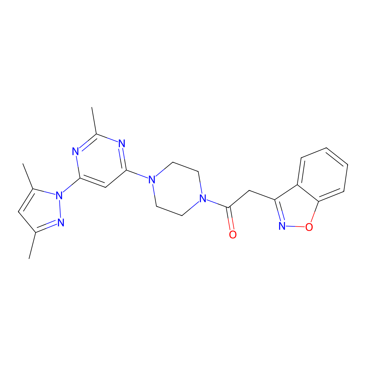 2-(benzo[d]isoxazol-3-yl)-1-(4-(6-(3,5-dimethyl-1H-pyrazol-1-yl)-2-methylpyrimidin-4-yl)piperazin-1-yl)ethanone molecular structure, CAS 1203002-61-2