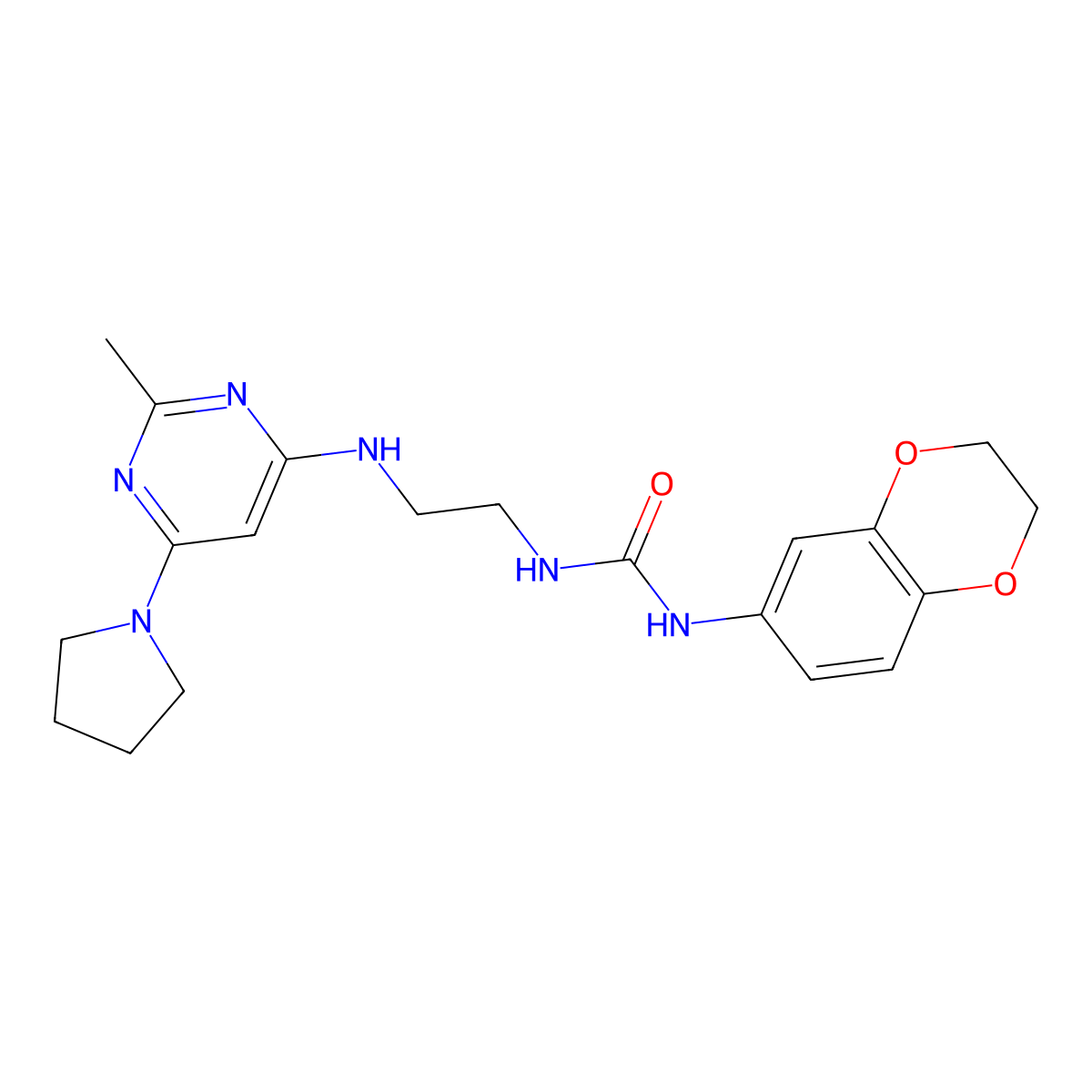 1-(2,3-Dihydrobenzo[b][1,4]dioxin-6-yl)-3-(2-((2-methyl-6-(pyrrolidin-1-yl)pyrimidin-4-yl)amino)ethyl)urea molecular structure, CAS 1203003-27-3