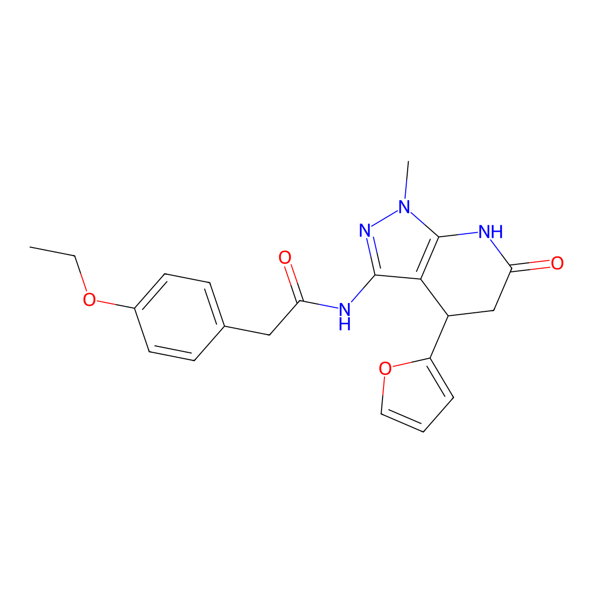 2-(4-ethoxyphenyl)-N-(4-(furan-2-yl)-1-methyl-6-oxo-4,5,6,7-tetrahydro-1H-pyrazolo[3,4-b]pyridin-3-yl)acetamide molecular structure, CAS 1203003-34-2