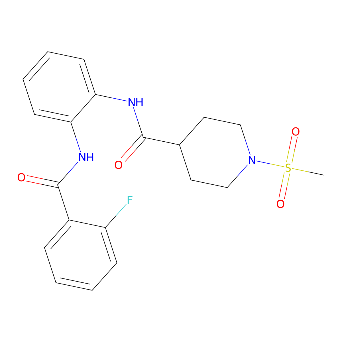 N-(2-(2-fluorobenzamido)phenyl)-1-(methylsulfonyl)piperidine-4-carboxamide molecular structure, CAS 1203004-24-3