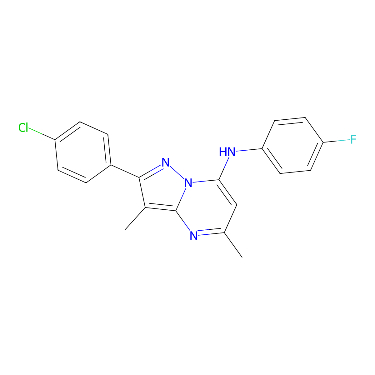 2-(4-chlorophenyl)-N-(4-fluorophenyl)-3,5-dimethylpyrazolo[1,5-a]pyrimidin-7-amine molecular structure, CAS 1203004-26-5
