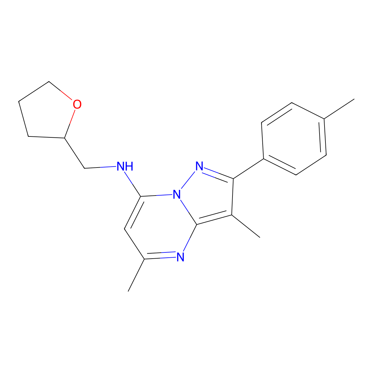 3,5-dimethyl-2-(4-methylphenyl)-N-[(oxolan-2-yl)methyl]pyrazolo[1,5-a]pyrimidin-7-amine molecular structure, CAS 1203005-57-5