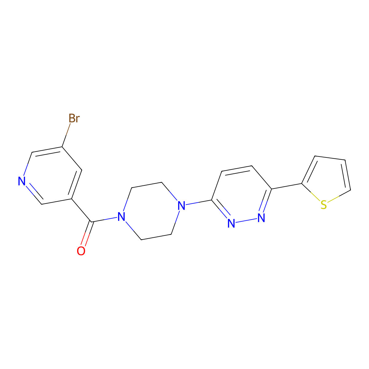 (5-Bromopyridin-3-yl)(4-(6-(thiophen-2-yl)pyridazin-3-yl)piperazin-1-yl)methanone molecular structure, CAS 1203005-77-9