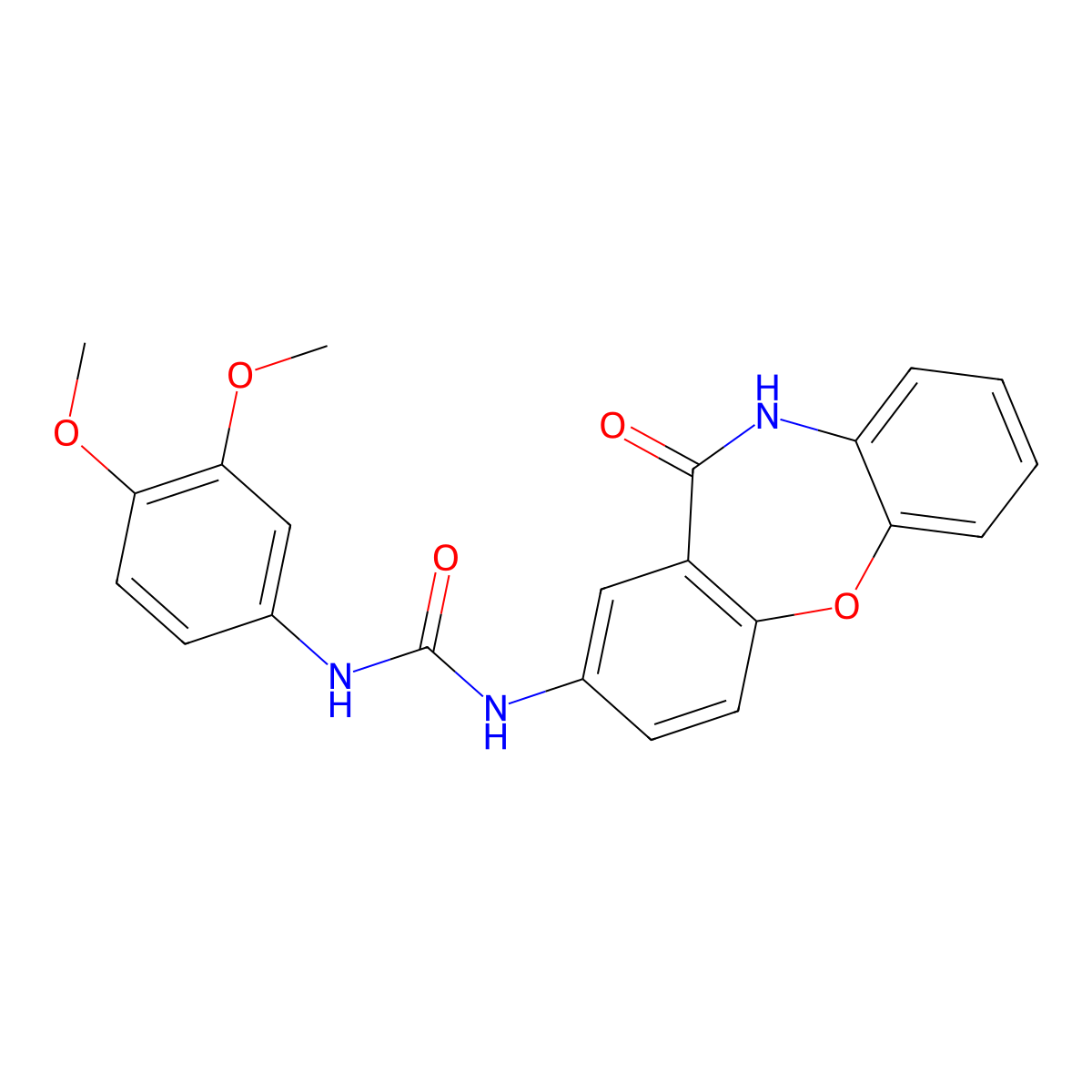 1-(3,4-Dimethoxyphenyl)-3-{10-oxo-2-oxa-9-azatricyclo[9.4.0.0^{3,8}]pentadeca-1(11),3(8),4,6,12,14-hexaen-13-yl}urea molecular structure, CAS 1203006-07-8