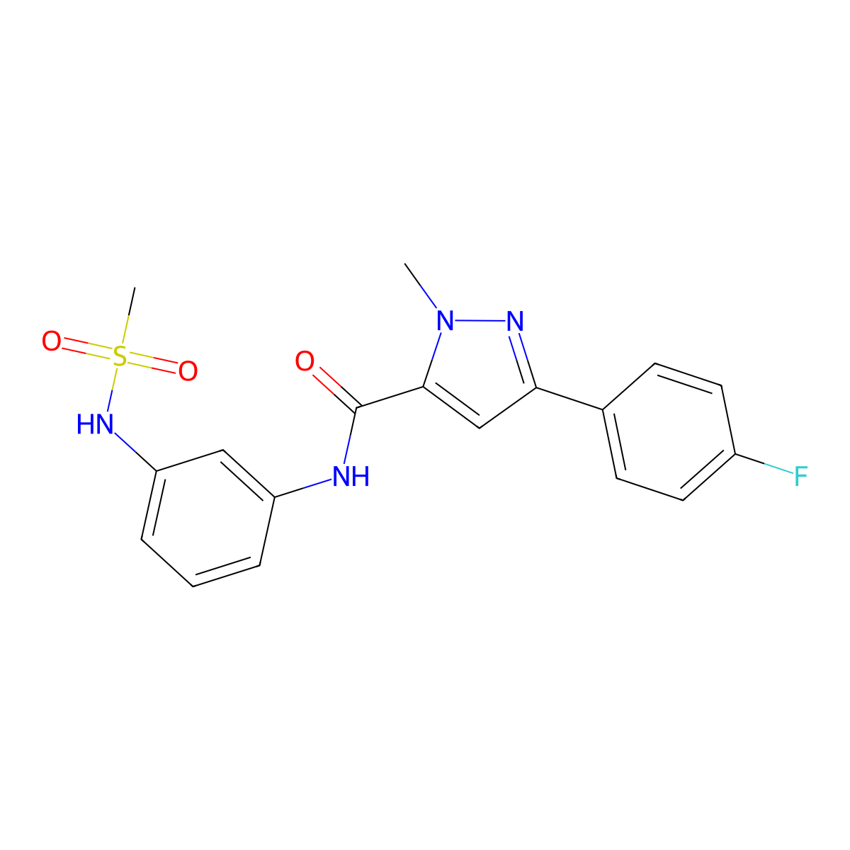 3-(4-fluorophenyl)-1-methyl-N-(3-(methylsulfonamido)phenyl)-1H-pyrazole-5-carboxamide molecular structure, CAS 1203006-50-1