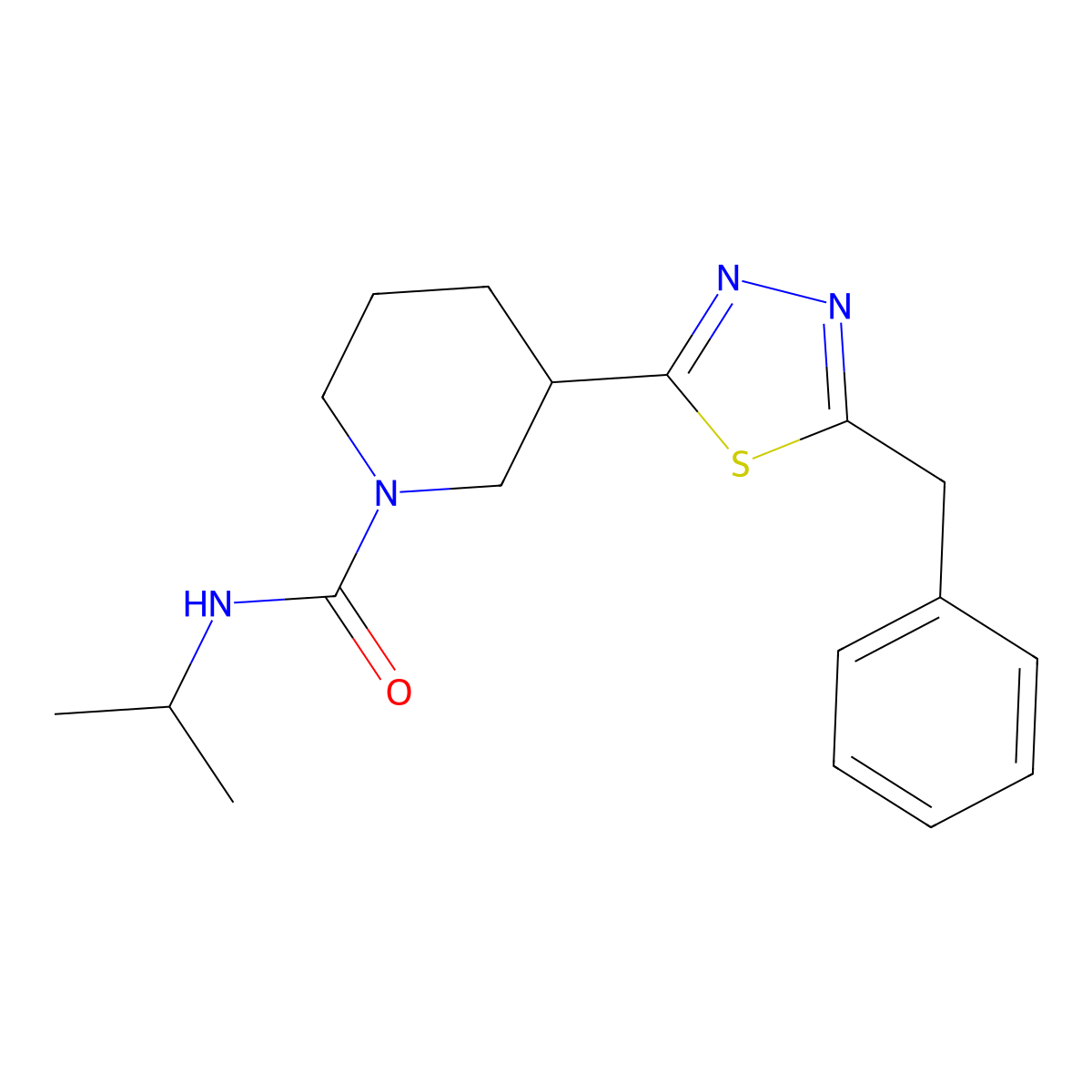 3-(5-benzyl-1,3,4-thiadiazol-2-yl)-N-(propan-2-yl)piperidine-1-carboxamide molecular structure, CAS 1203006-71-6