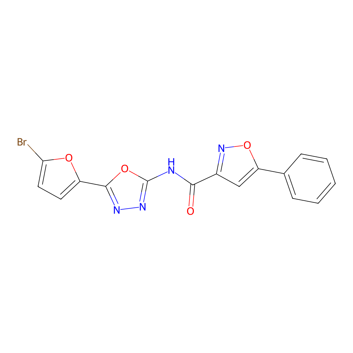 N-(5-(5-bromofuran-2-yl)-1,3,4-oxadiazol-2-yl)-5-phenylisoxazole-3-carboxamide molecular structure, CAS 1203009-74-8
