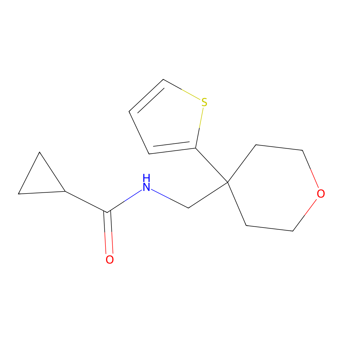 N-((4-(thiophen-2-yl)tetrahydro-2H-pyran-4-yl)methyl)cyclopropanecarboxamide molecular structure, CAS 1203012-21-8