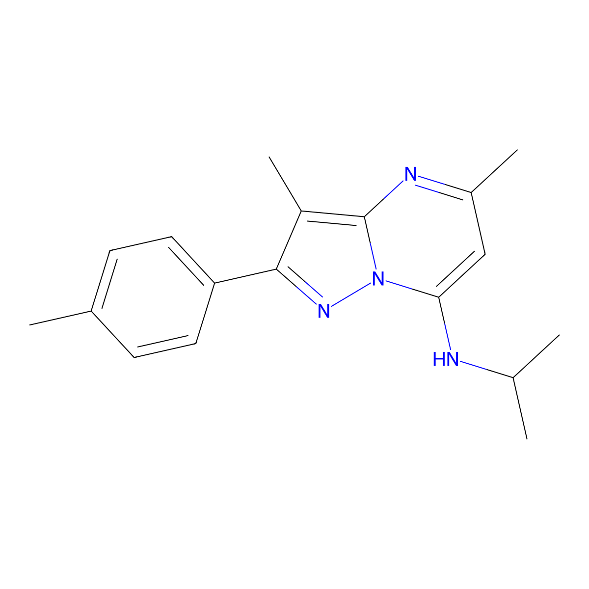 3,5-dimethyl-2-(4-methylphenyl)-N-(propan-2-yl)pyrazolo[1,5-a]pyrimidin-7-amine molecular structure, CAS 1203014-29-2