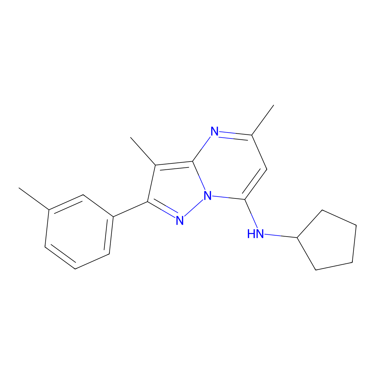 N-cyclopentyl-3,5-dimethyl-2-(3-methylphenyl)pyrazolo[1,5-a]pyrimidin-7-amine molecular structure, CAS 1203014-45-2