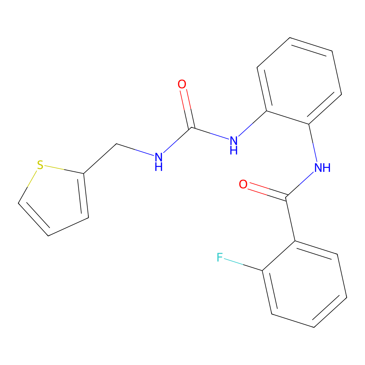 2-fluoro-N-(2-(3-(thiophen-2-ylmethyl)ureido)phenyl)benzamide molecular structure, CAS 1203015-00-2