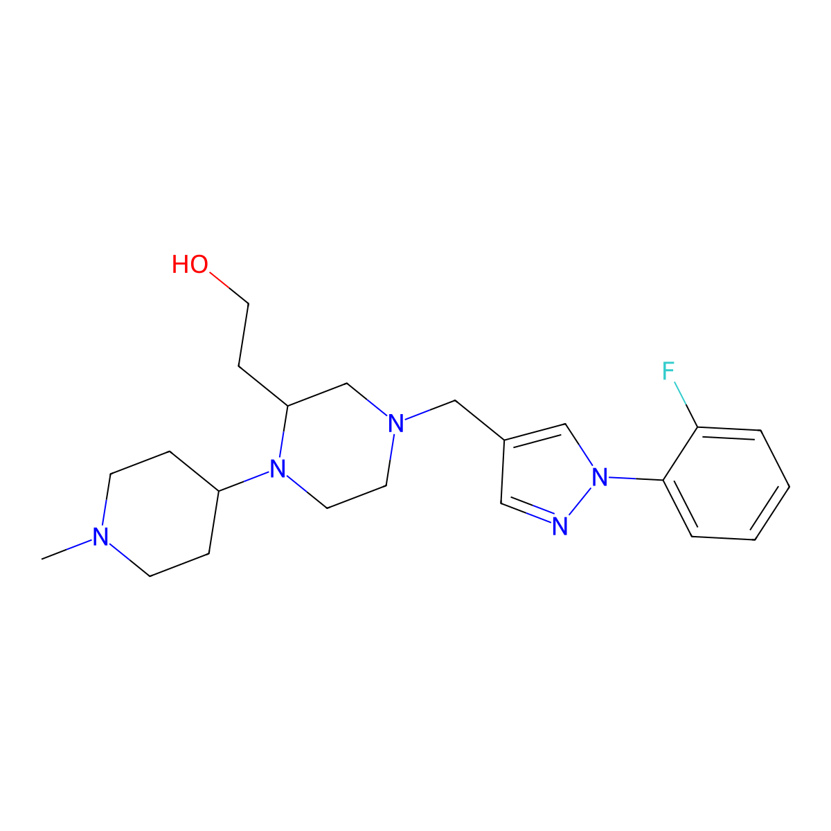 2-[4-{[1-(2-fluorophenyl)-1H-pyrazol-4-yl]methyl}-1-(1-methyl-4-piperidinyl)-2-piperazinyl]ethanol molecular structure, CAS 1203015-84-2