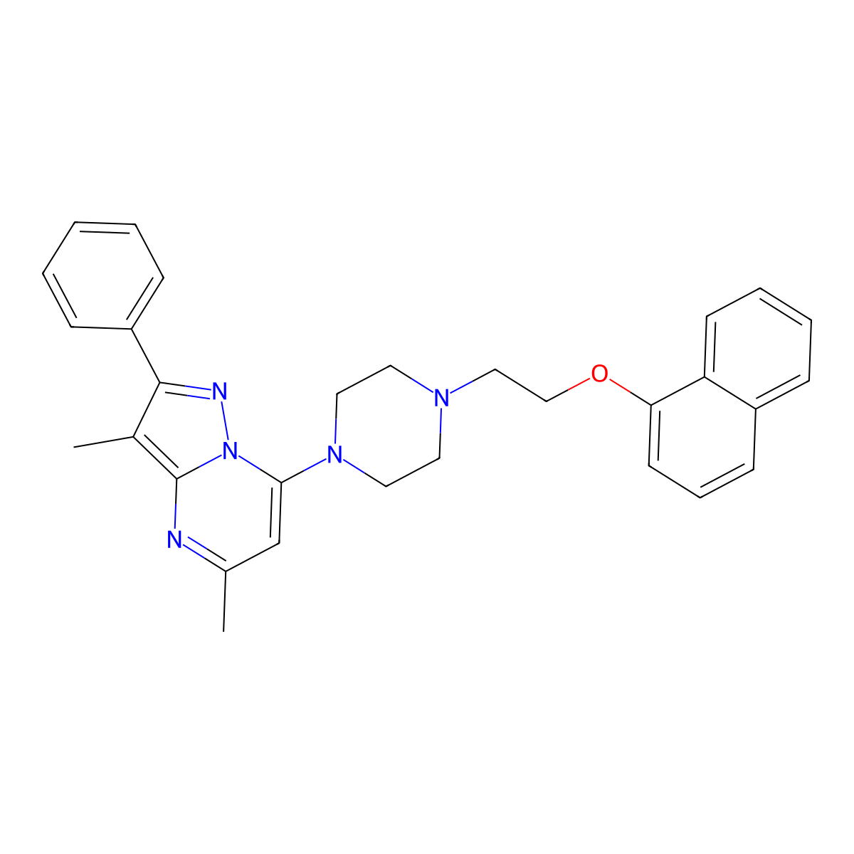 3,5-Dimethyl-7-{4-[2-(1-naphthyloxy)ethyl]piperazin-1-yl}-2-phenylpyrazolo[1,5-a]pyrimidine molecular structure, CAS 1203018-27-2