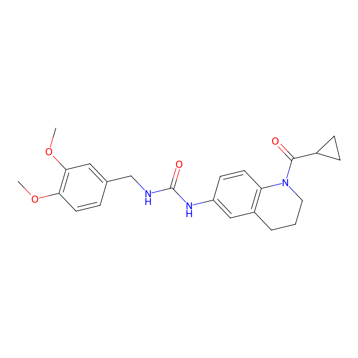 1-(1-(Cyclopropanecarbonyl)-1,2,3,4-tetrahydroquinolin-6-yl)-3-(3,4-dimethoxybenzyl)urea molecular structure, CAS 1203018-39-6